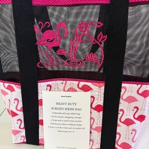 Large screen mesh embroidered tote bag with pockets